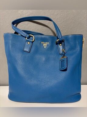 Prada Cobalt Blue Pebbled Leather Tote with Gold Hardware